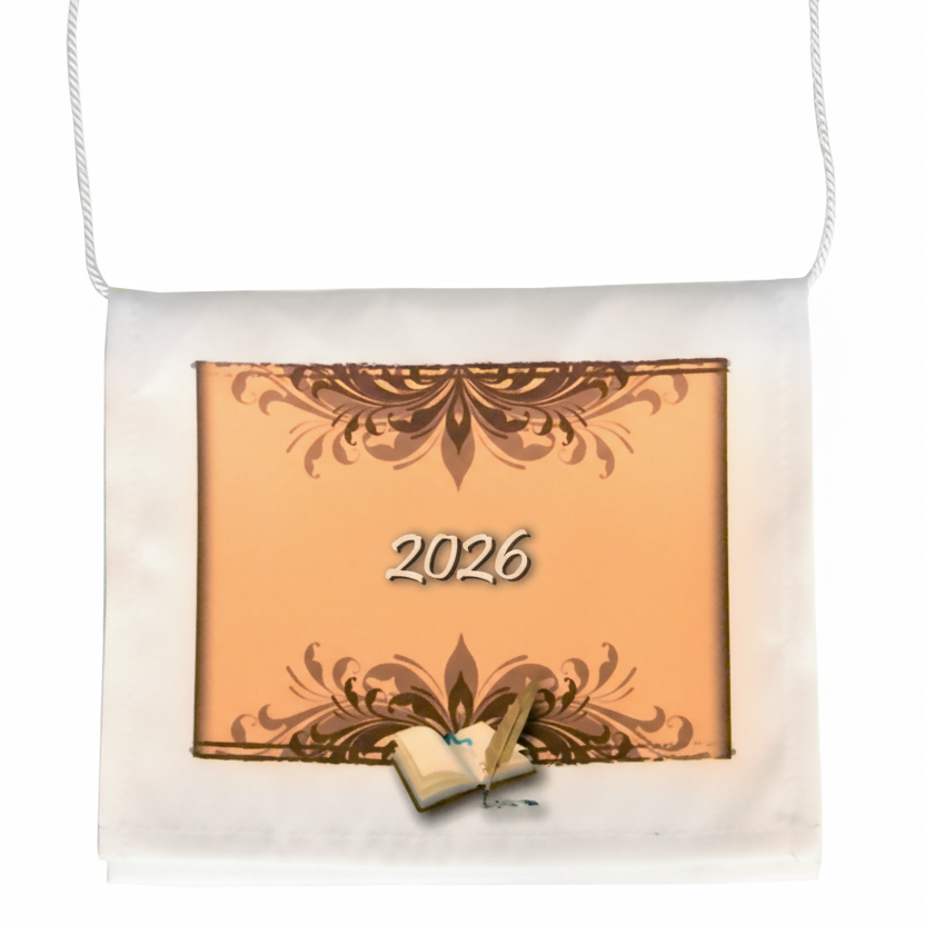 Fehér-drapp ballagási tarisznya könyv motívummal.