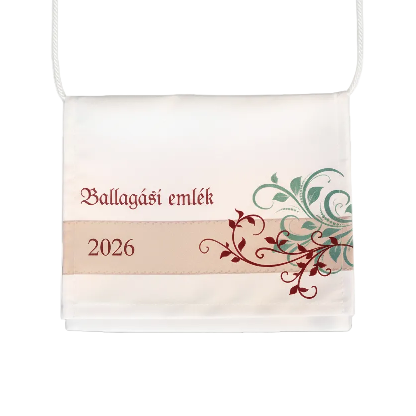 Fehér-bézs ballagási tarisznya bordó és zöld indamintákkal.