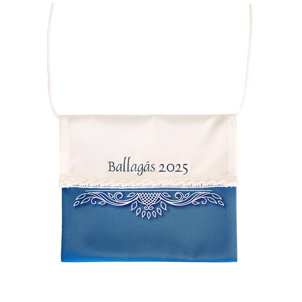 Világoskék-fehér ballagási tarisznya fehér mintával és fehér díszpaszománnyal