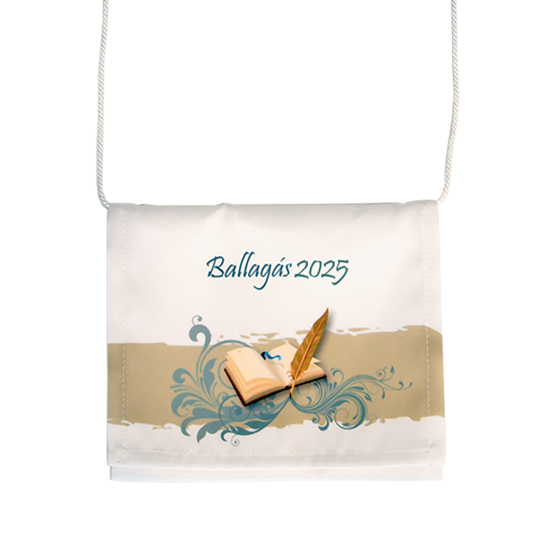 Fehér-bézs-kék ballagási tarisznya könyv- és indamotívumokkal.